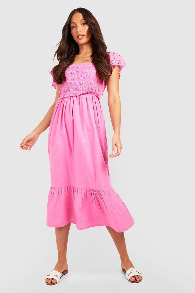 Womens Tall Broderie Detail Poplin Midi Dress - Pink - 8, Pink