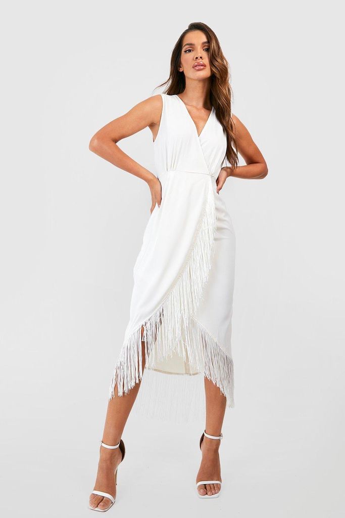 Womens Tassel Hem Wrap Midi Dress - White - 8, White