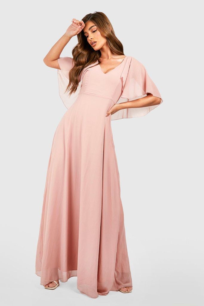 Womens Chiffon Cape Sleeve Maxi Bridesmaid Dress - Pink - 10, Pink