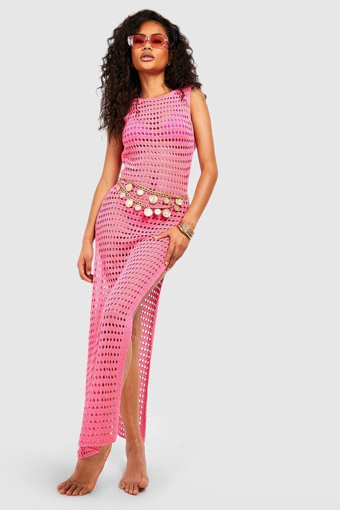 Womens Crochet Knit Low Back Maxi Beach Dress - Pink - M, Pink