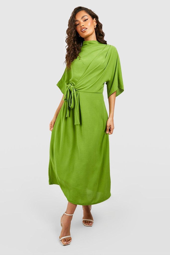 Womens Hammered Knot Front Cowl Neck Midi Dress - Green - 12, Green