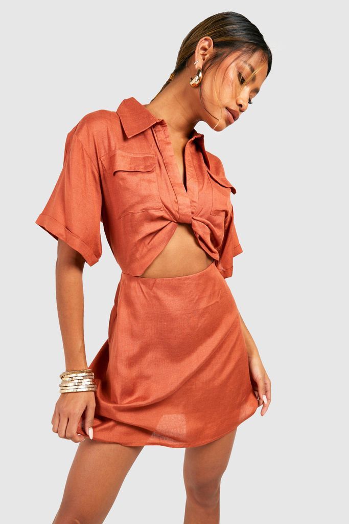 Womens Cotton Utility Cut Out Shirt Dress - Orange - 8, Orange