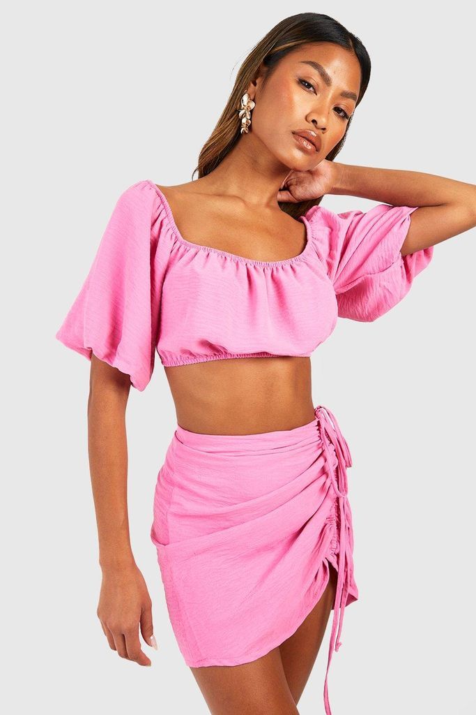 Womens Hammered Balloon Sleeve Crop & Ruched Mini Skirt - Pink - 14, Pink