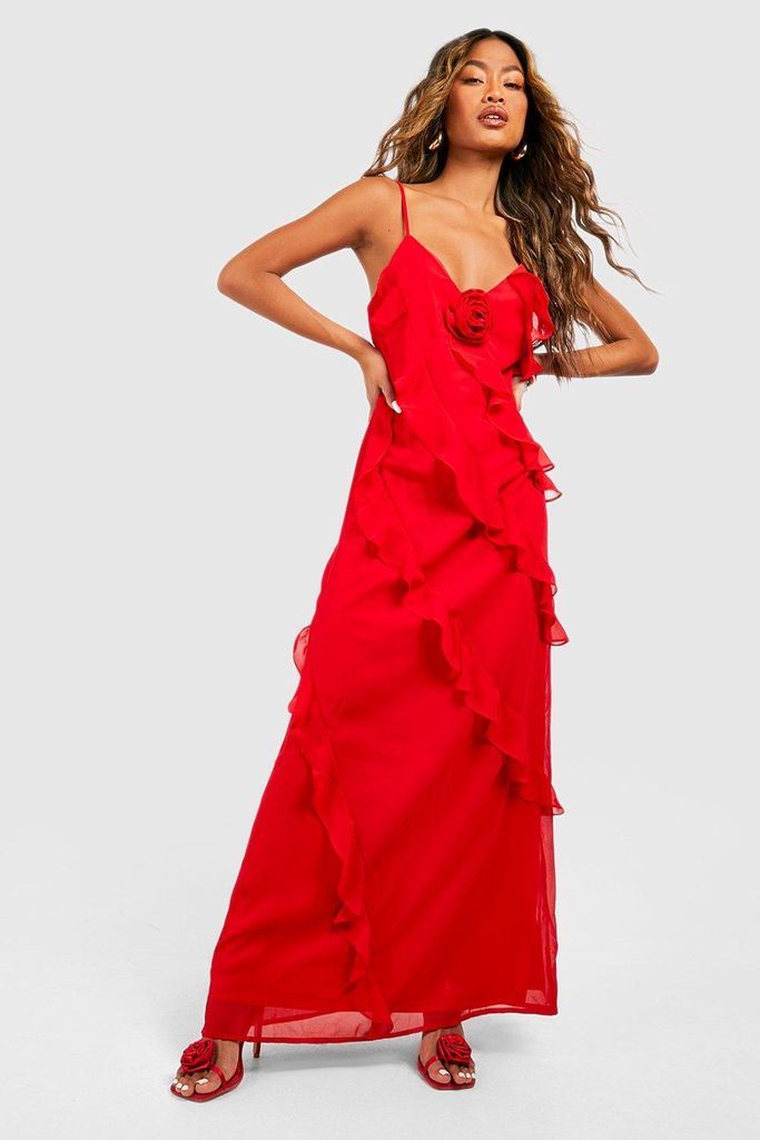 Womens Rose Corsage Detail Ruffle Maxi Dress - Red - 10, Red