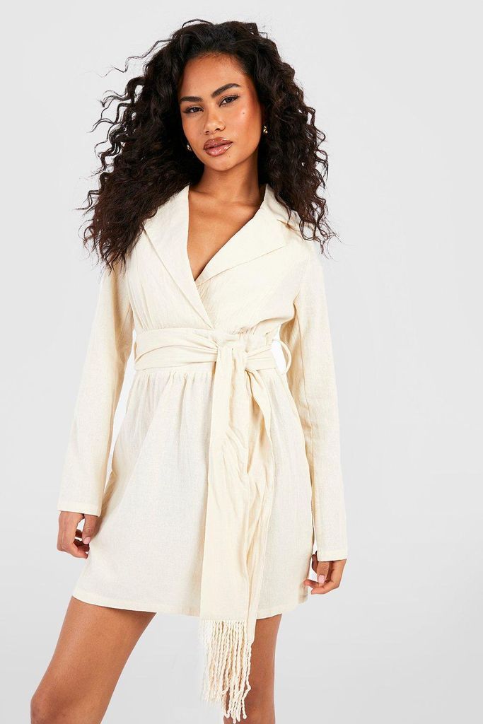 Womens Tassel Linen Belted Shirt Dress - White - 8, White