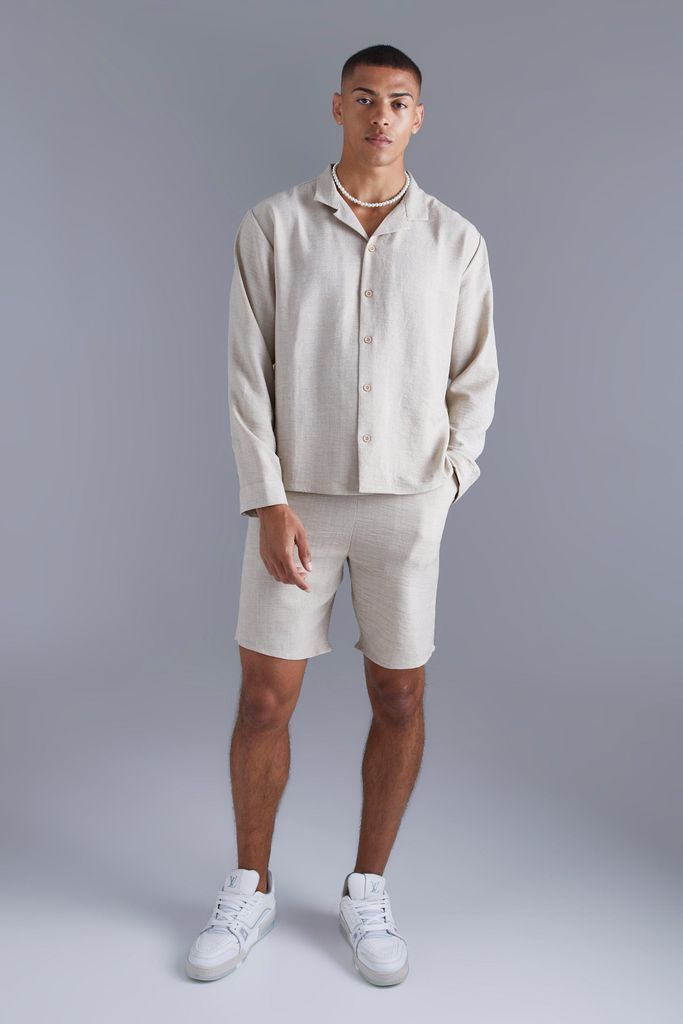 Men's Long Sleeve Boxy Drop Revere Shirt & Short - Beige - Xl, Beige