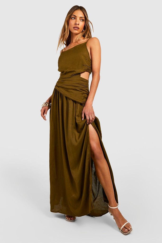 Womens Linen Asymmetric Waist Detail Maxi Dress - Green - 8, Green