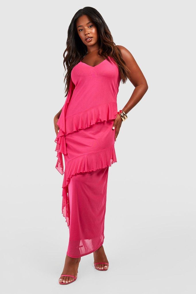 Womens Plus Mesh Ruffle Maxi Dress - Pink - 18, Pink