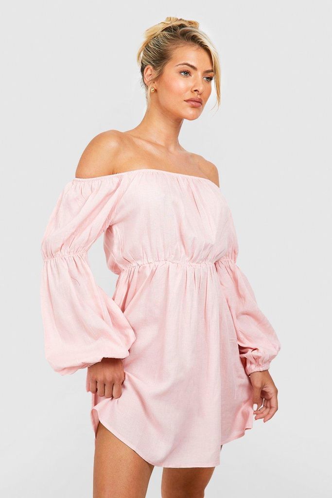 Womens Linen Bardot Voluminous Sleeve Mini Beach Dress - Pink - 8, Pink