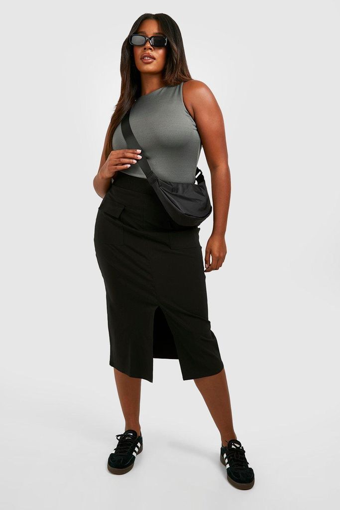 Womens Plus Pocket Detail Split Front Midi Skirt - Black - 16, Black