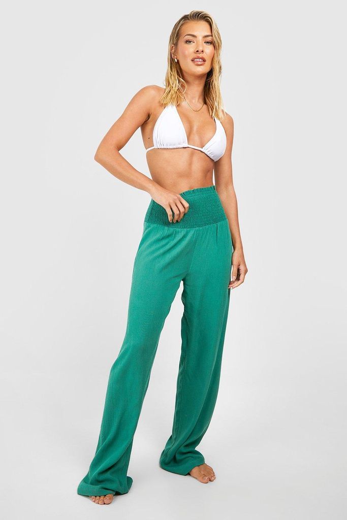 Womens Crinkle Shirred Waistband Beach Trousers - Green - M, Green
