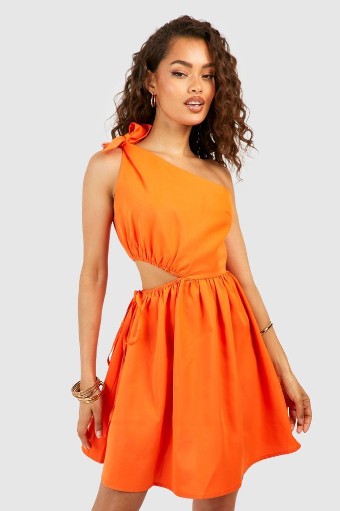 Womens One Shoulder Cut Out Mini Skater Dress - Orange - 14, Orange