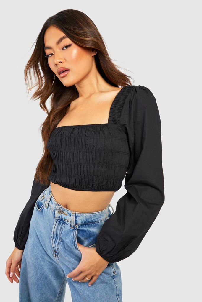 Womens Woven Ruched Balloon Sleeve Crop Top - Black - S, Black