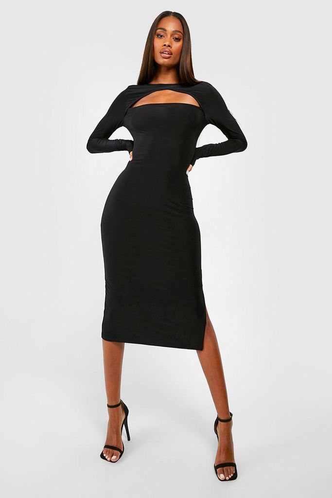 Womens Premium Heavy Weight Slinky Cut Out Long Sleeve Midi Dress - Black - 10, Black