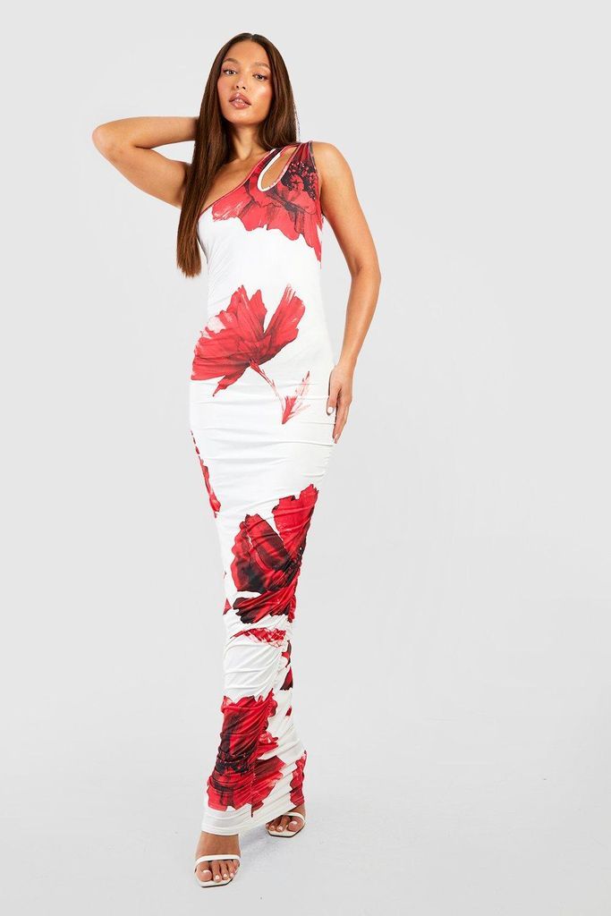 Womens Tall Large Floral One Shoulder Ruched Side Maxi Dress - White - 6, White