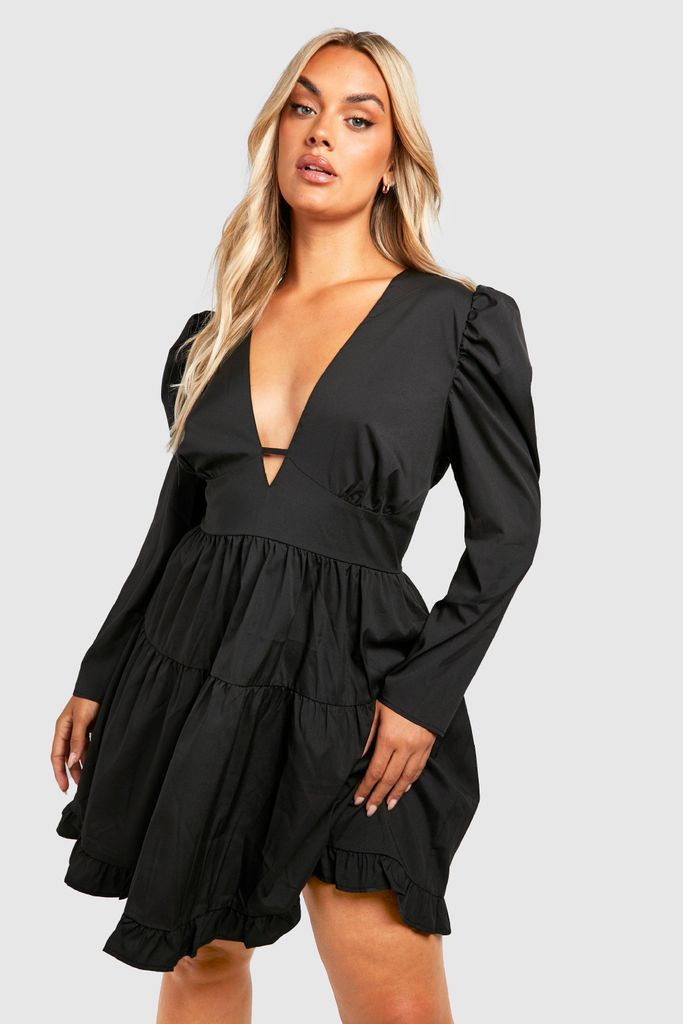 Womens Plus Woven Puff Sleeve Tiered Smock Dress - Black - 28, Black