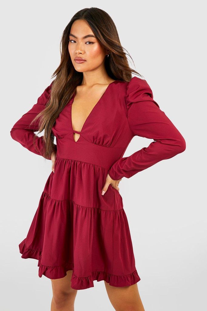Womens Puff Sleeve Smock Dress - Red - 8, Red