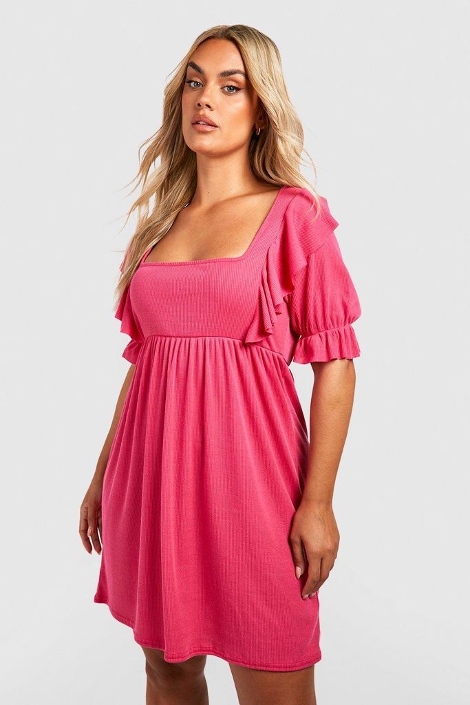 Womens Plus Rib Ruffle Puff Sleeve Smock Dress - Pink - 16, Pink