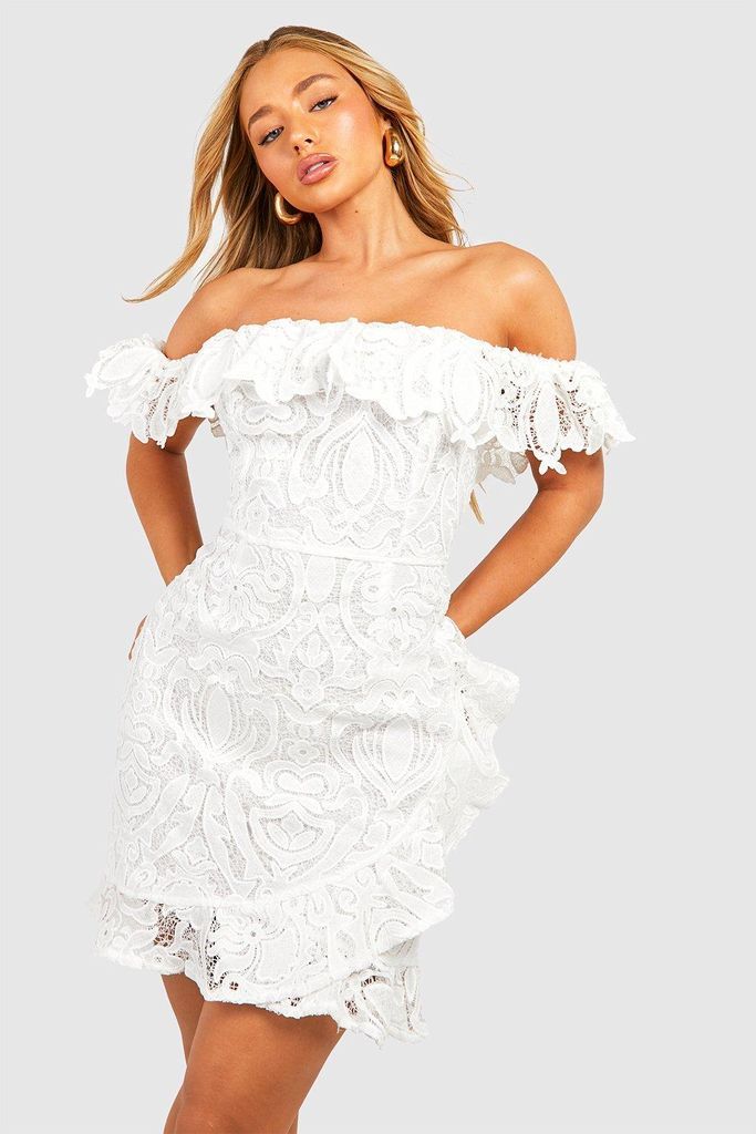 Womens Premium Lace Bardot Mini Dress - White - 8, White