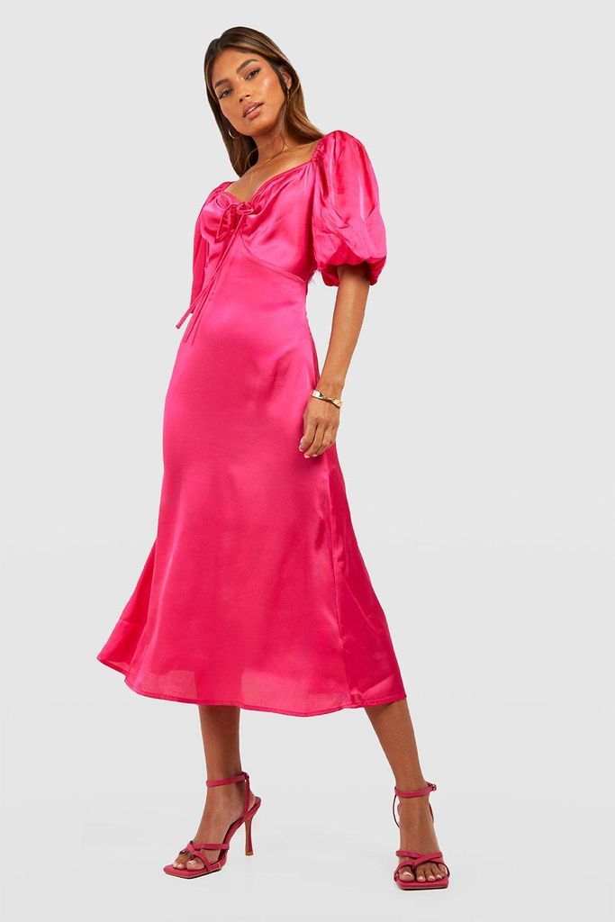 Womens Satin Ruched Puff Sleeve Midi Dress - Pink - 8, Pink