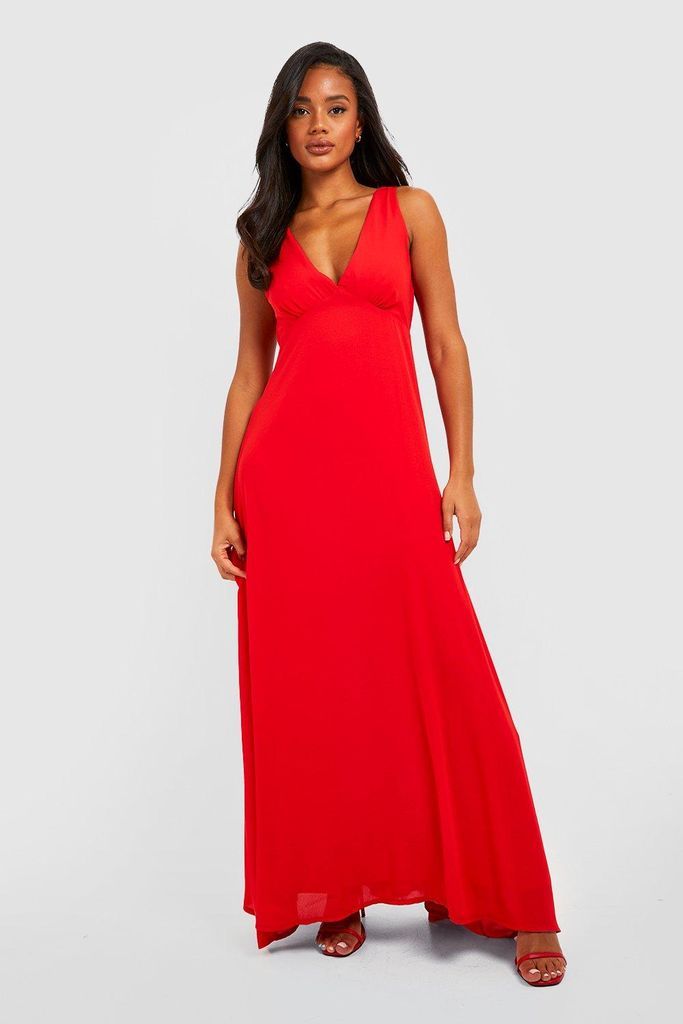 Womens Chiffon Rouched Plunge Maxi Dress - Red - 8, Red