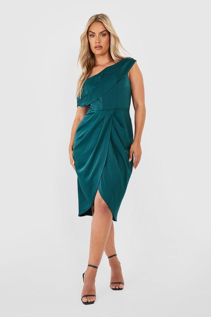 Womens Plus Satin Corset Shoulder Wrap Midi Dress - Green - 22, Green