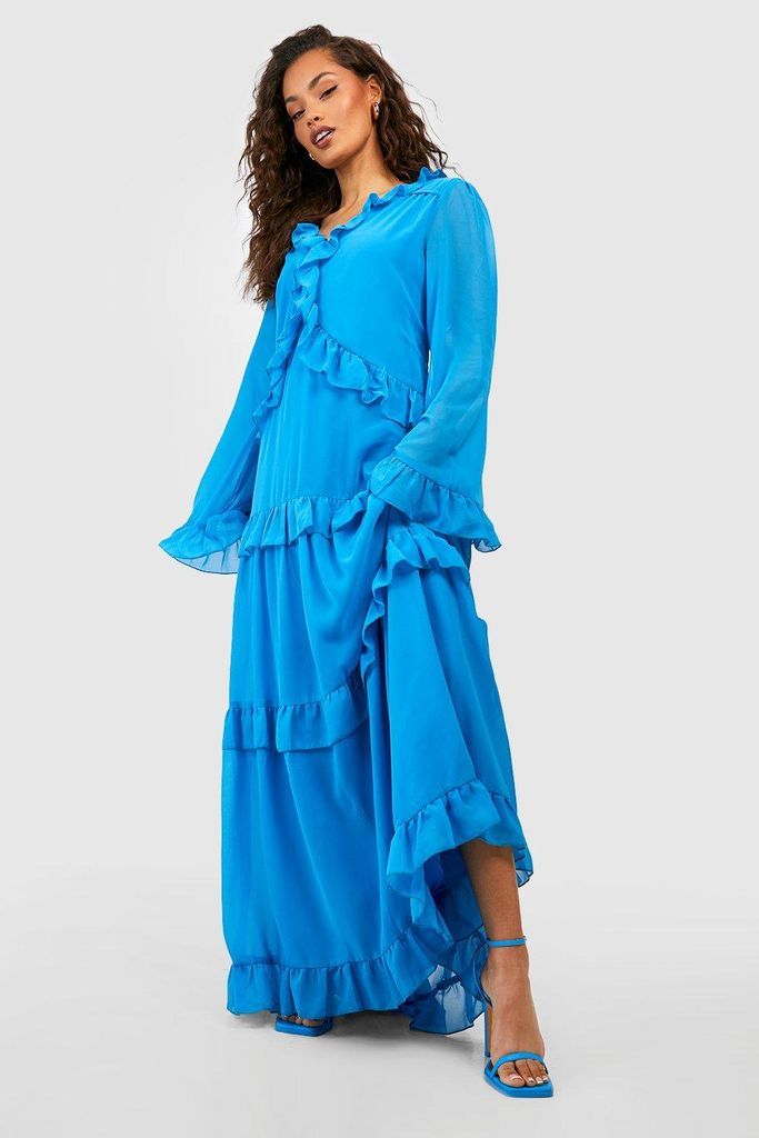 Womens Chiffon Ruffle Maxi Smock Dress - Blue - 10, Blue