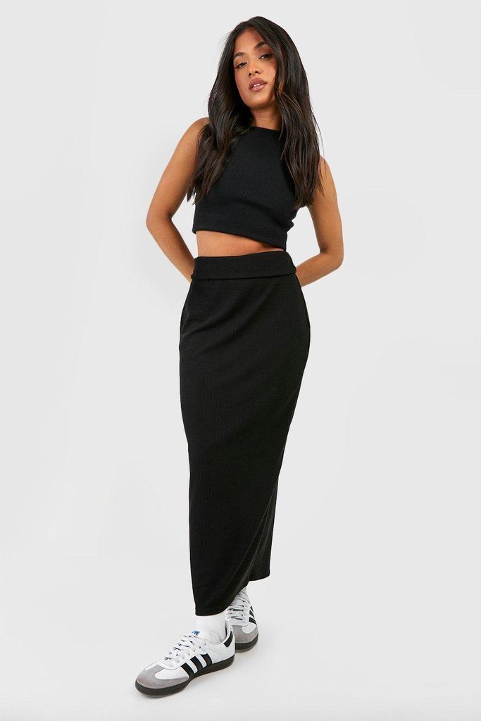 Womens Petite Crinkle Rib Folded Waist Maxi Skirt - Black - 8, Black