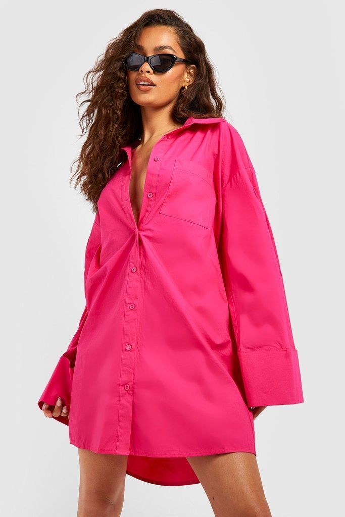 Womens Puff Sleeve Oversized Shirt Dress - Pink - 8, Pink