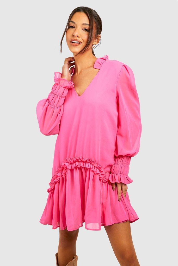 Womens Chiffon Drop Hem Smock Dress - Pink - 8, Pink