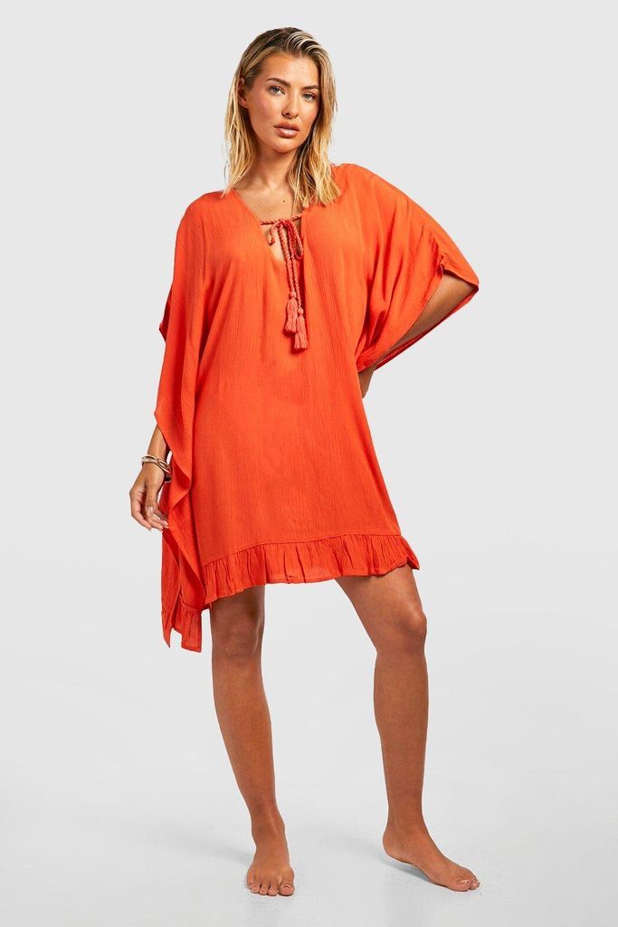Womens Tassel Trim Cover-Up Beach Dress - Orange - S, Orange
