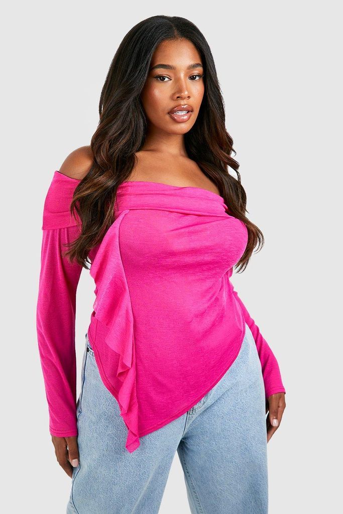 Womens Plus Bardot Ruffle Front Flare Sleeve Top - Pink - 24, Pink