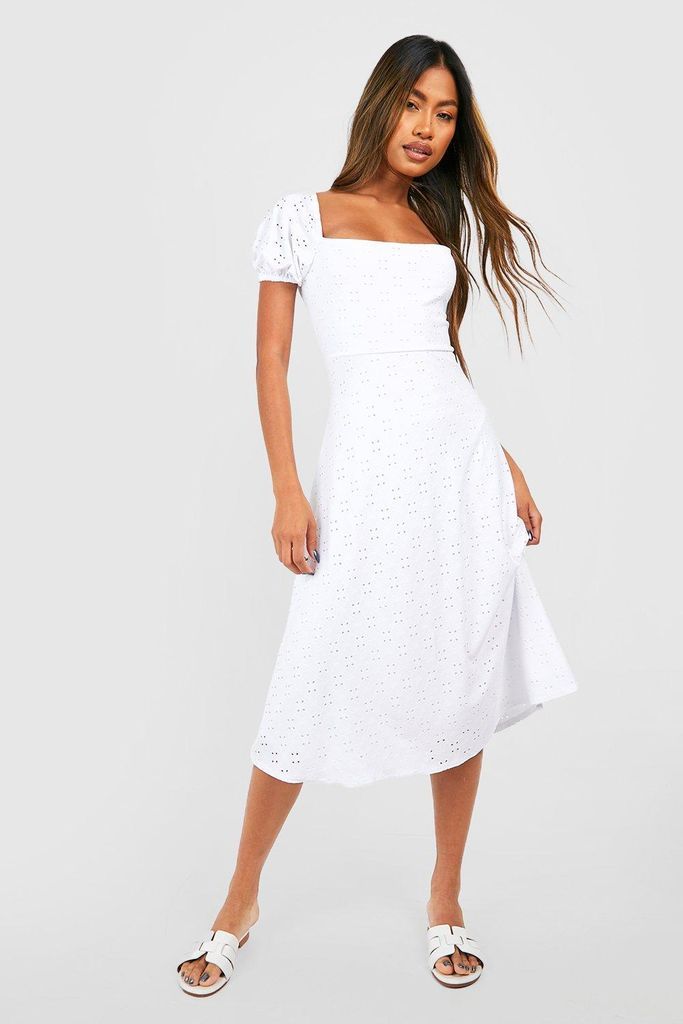 Womens Soft Broderie Puff Sleeve Midi Dress - White - 18, White