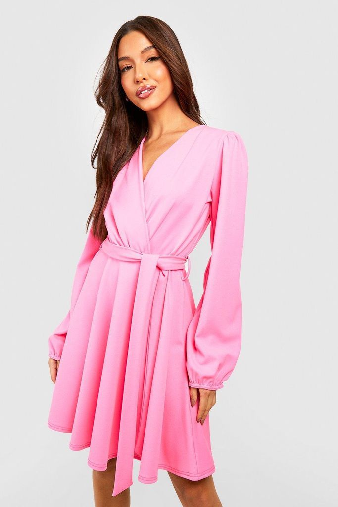 Womens Blouson Sleeve Wrap Skater Dress - Pink - 8, Pink