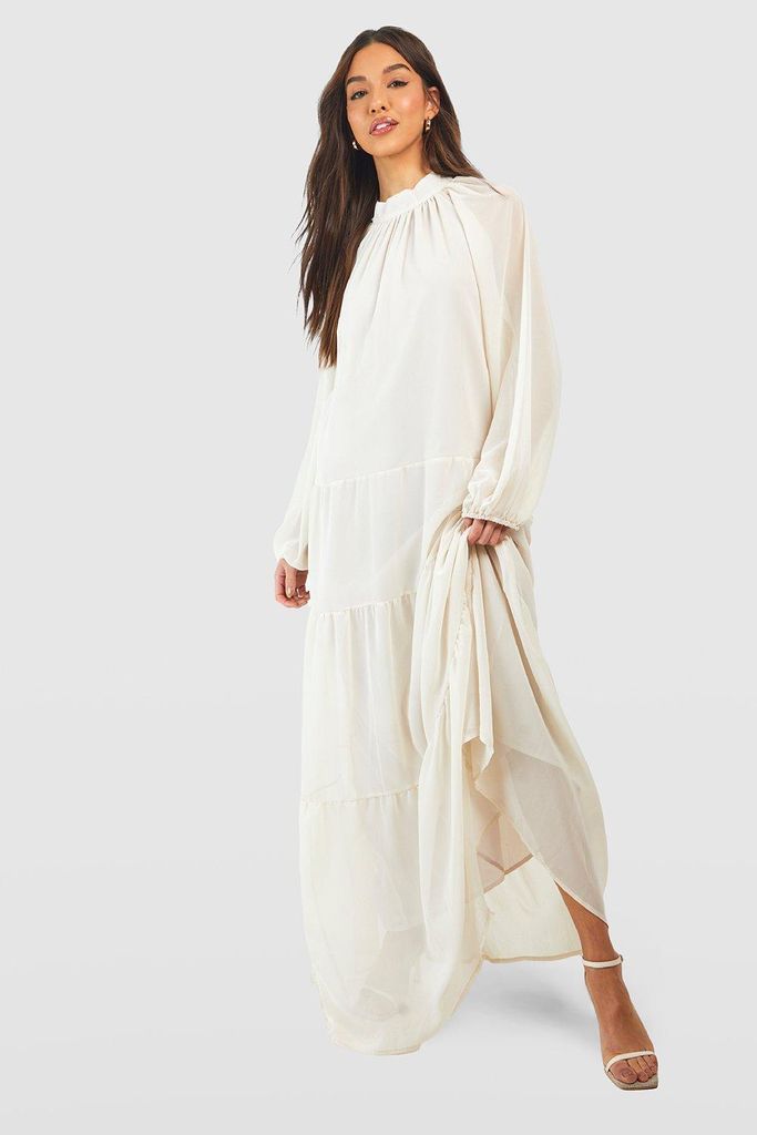 Womens Chiffon Blouson Sleeve Smock Dress - White - 8, White