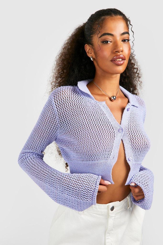 Womens Crochet Collar Detail Crop Cardigan - Purple - S, Purple