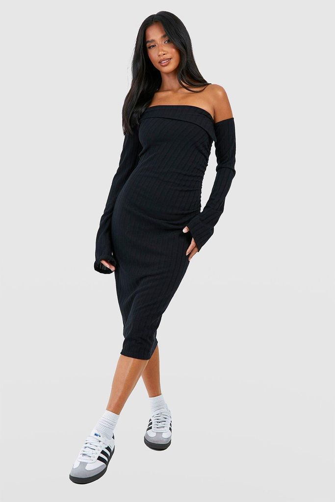 Womens Petite Asymmetric Bardot Rib Midi Dress - Black - 8, Black