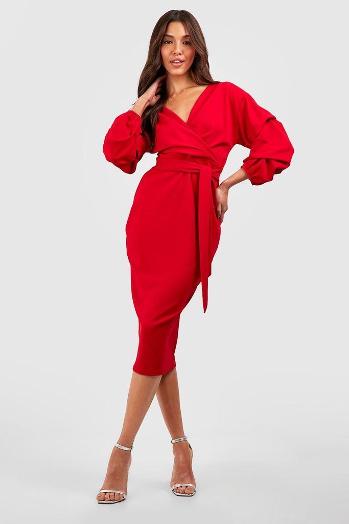 Womens Rouched Sleeve Wrap Midi Dress - Red - 8, Red