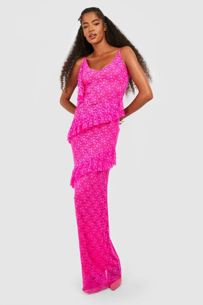 Womens Lace Asymmetric Ruffle Maxi Dress - Pink - 8, Pink