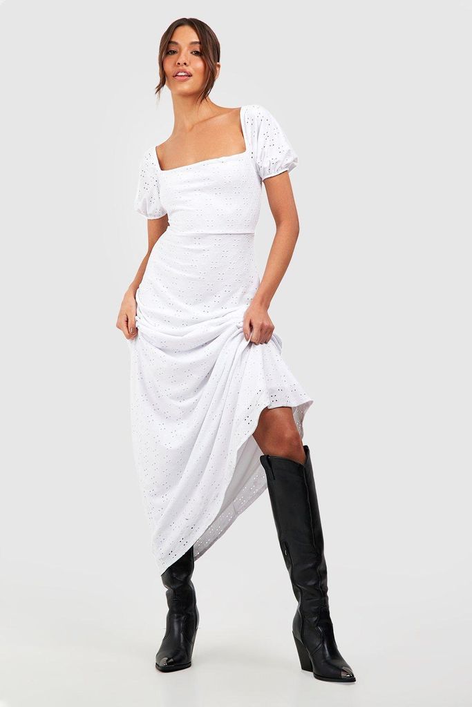 Womens Soft Broderie Puff Sleeve Maxi Dress - White - 8, White