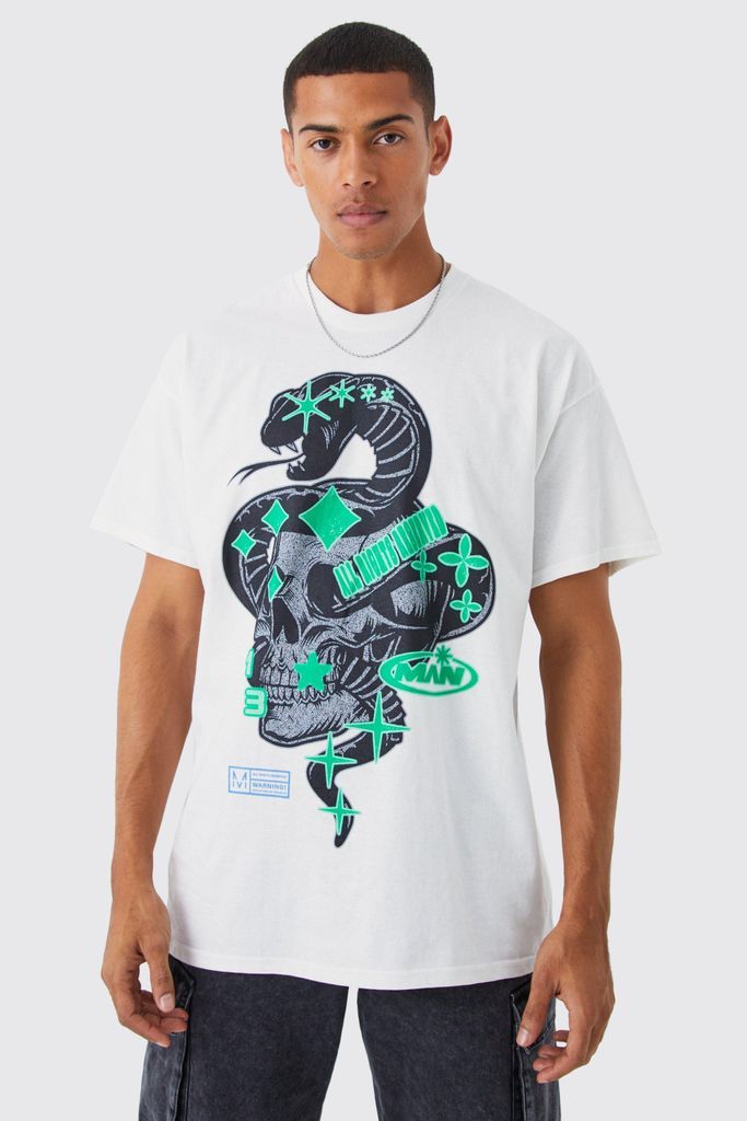 Men's Oversized Snake Graphic T-Shirt - White - L, White