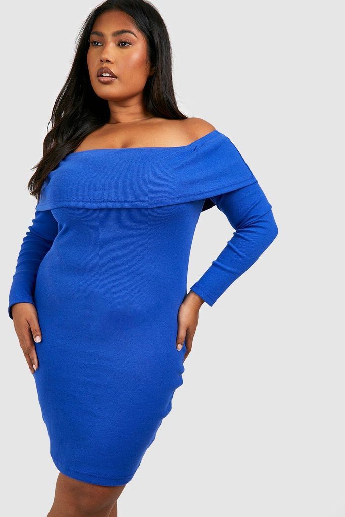 Womens Plus Rib Basic Bardot Bodycon Dress - Blue - 16, Blue