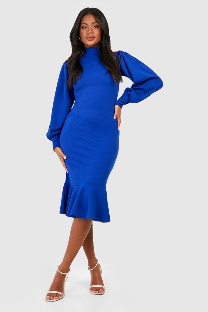 Womens High Neck Frill Hem Midi Dress - Blue - 6, Blue