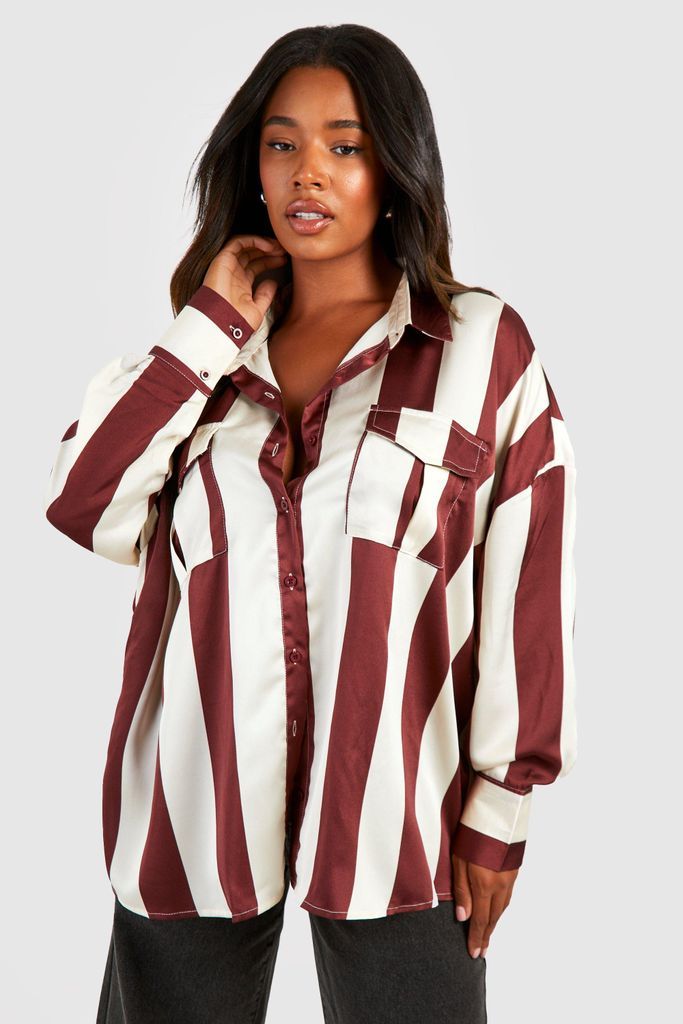 Womens Plus Striped Satin Fitted Shoulder Pad Shirt - Brown - 16, Brown