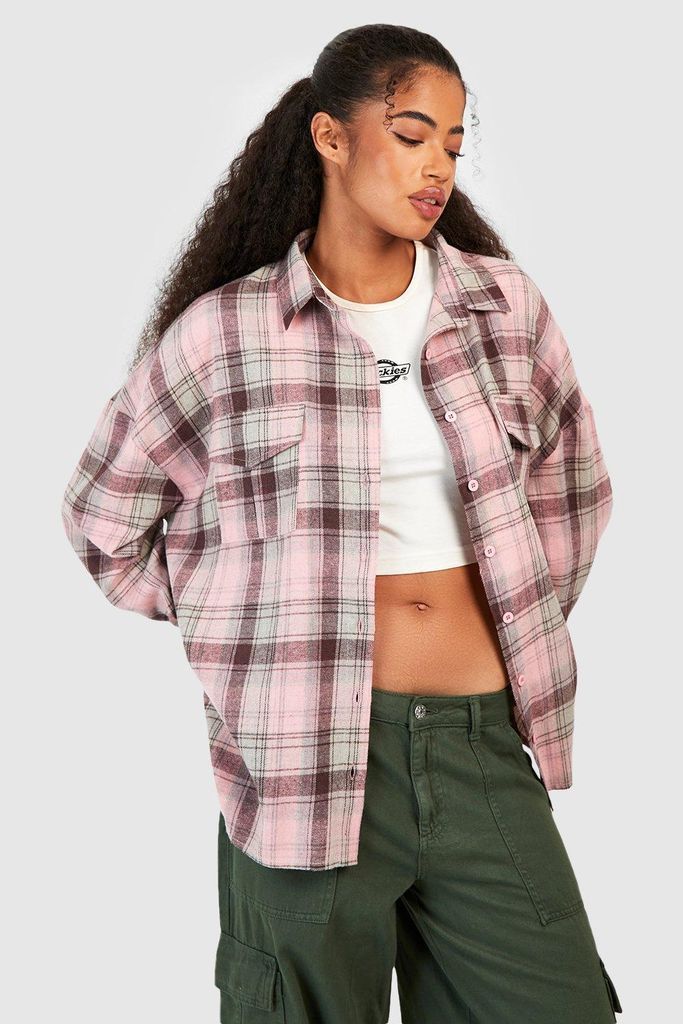 Womens Checked Pocket Detail Oversized Shirt - Pink - 6, Pink