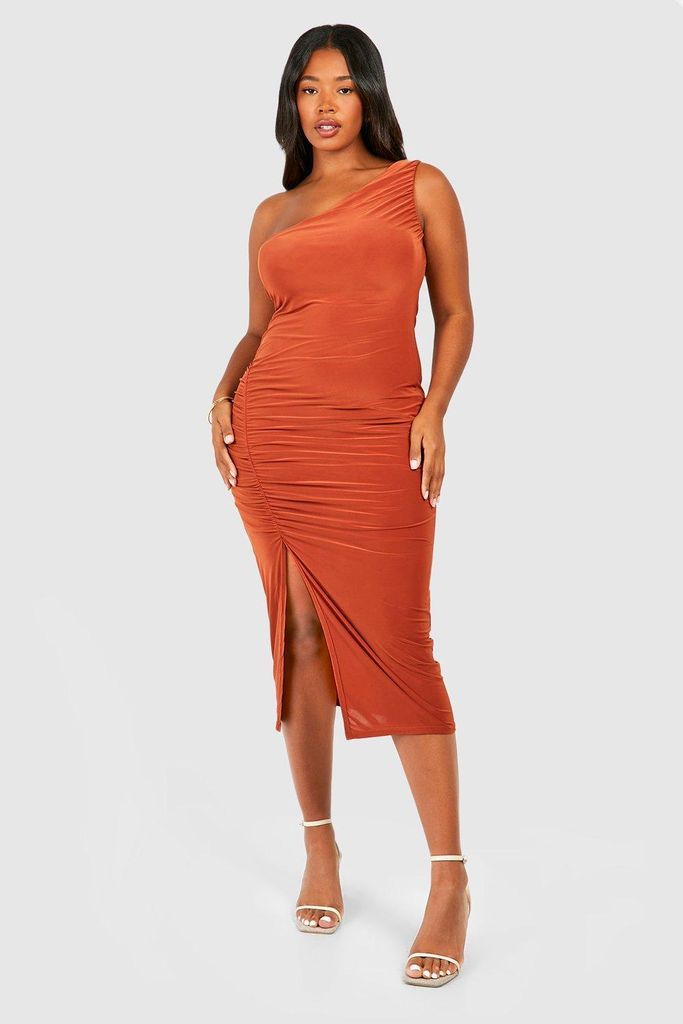 Womens Plus Double Slinky Ruched Split Midaxi Dress - Orange - 16, Orange