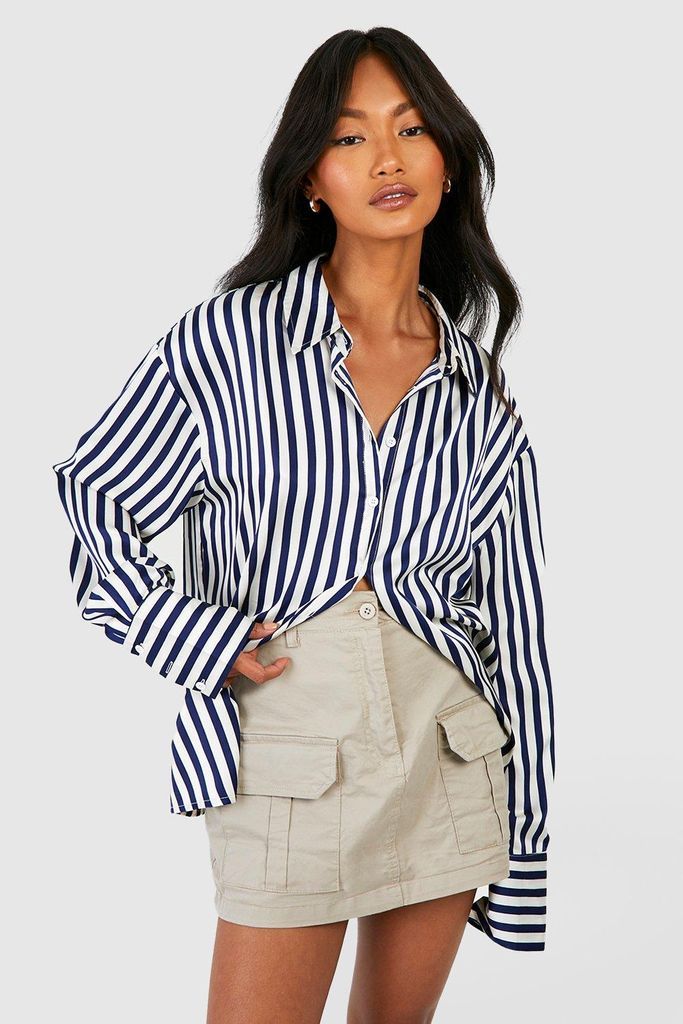 Womens Stripe Satin Shirt - Navy - 6, Navy