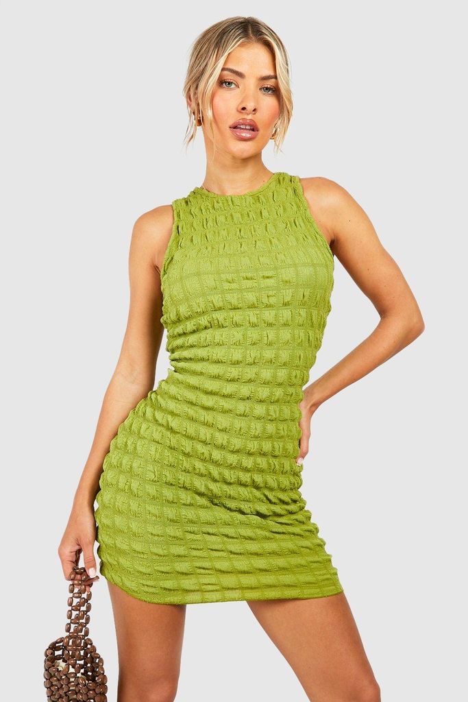 Womens Bubble Textured Racer Mini Dress - Green - 8, Green