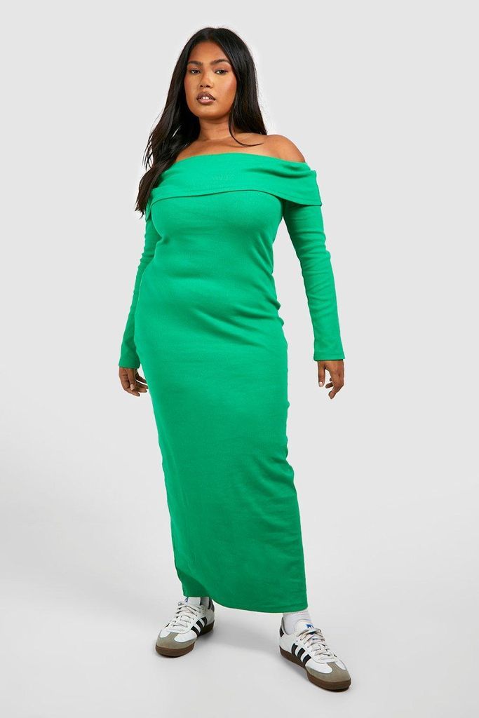 Womens Plus Rib Basic Bardot Maxi Dress - Green - 18, Green