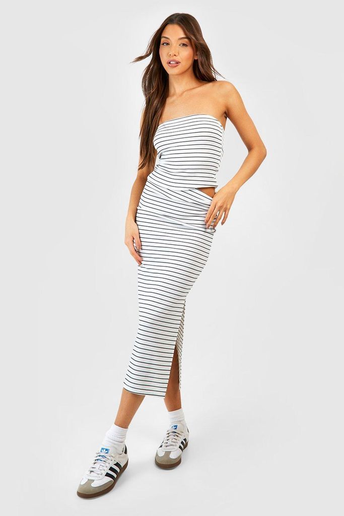 Womens Striped Rib Side Split Maxi Skirt - White - 6, White